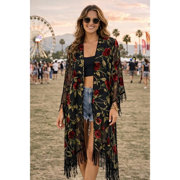 The Unbranded Brand Other - Sheer Velvet Burnout Floral Fringe Kimono Duster Black Whimsigoth Festival